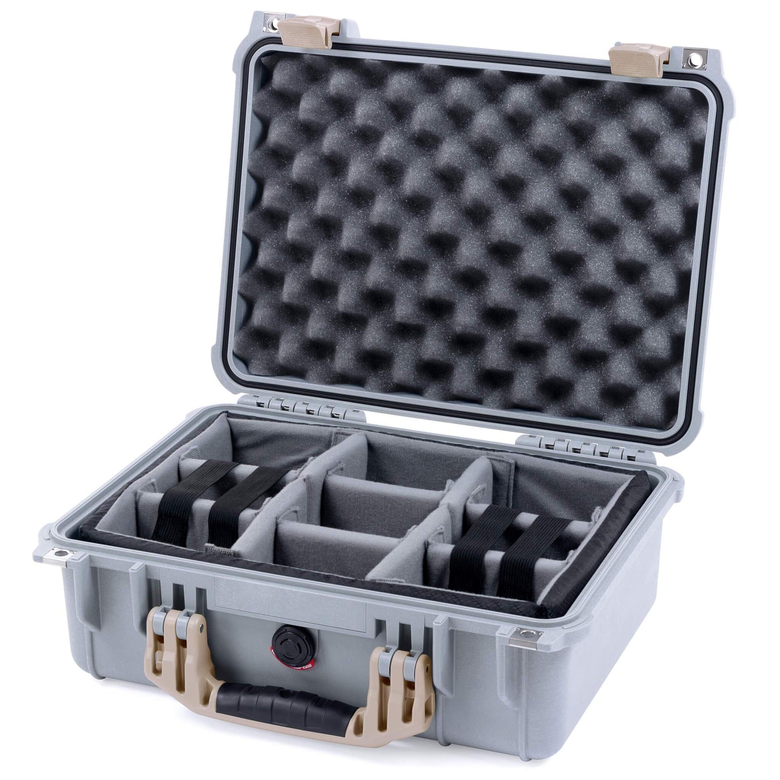 Pelican 1450 Case, Silver with Desert Tan Handle & Latches Gray Padded Microfiber Dividers with Convolute Lid Foam ColorCase 014500-0070-180-310