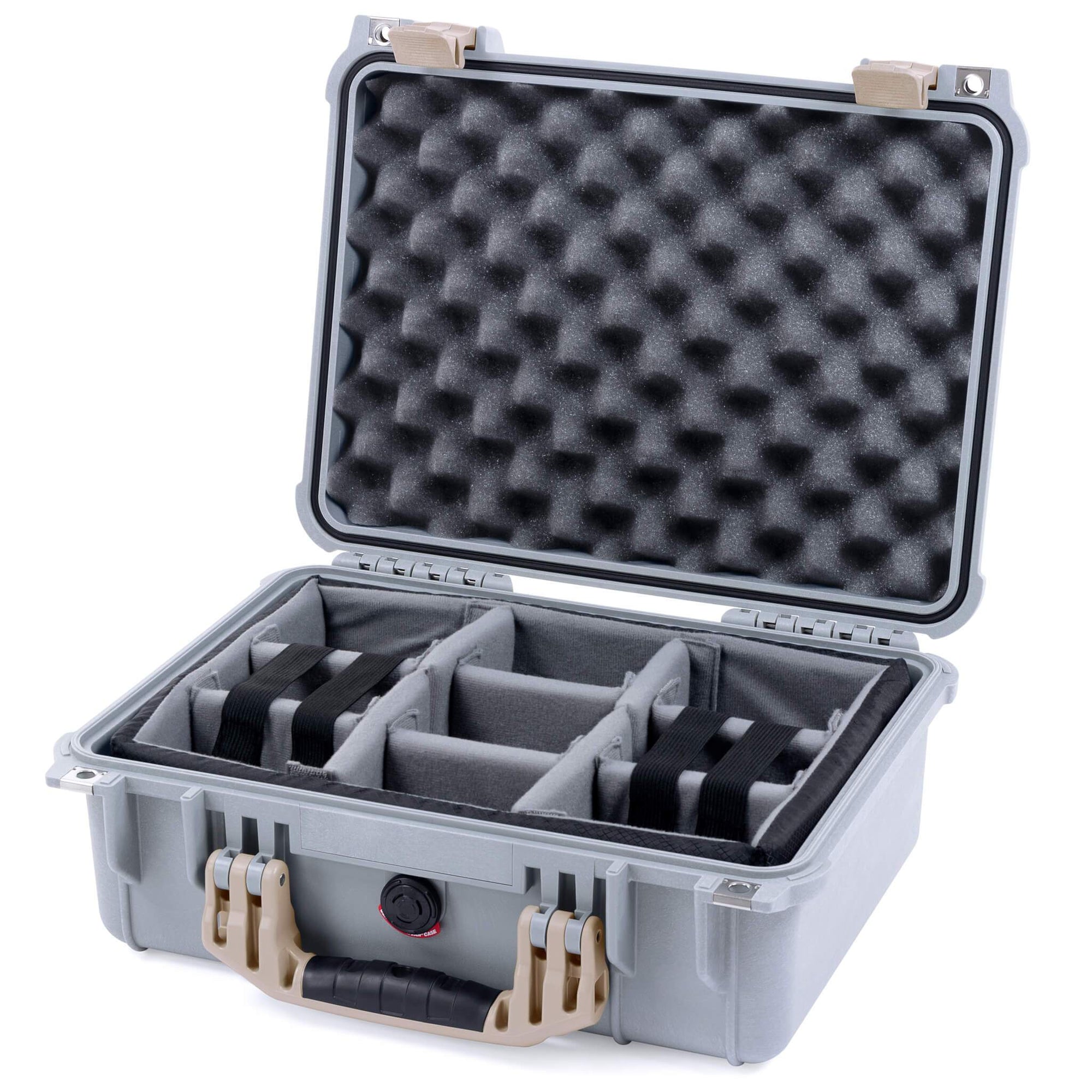 Pelican 1450 Case, Silver with Desert Tan Handle & Latches Gray Padded Microfiber Dividers with Convolute Lid Foam ColorCase 014500-0070-180-310