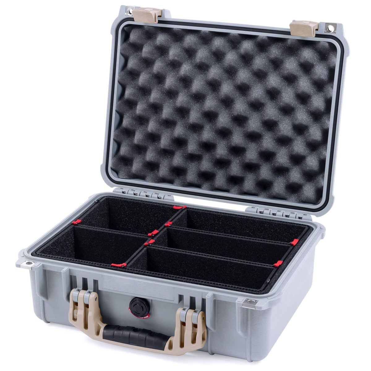 Pelican 1450 Case, Silver with Desert Tan Handle &amp; Latches TrekPak Divider System with Convolute Lid Foam ColorCase 014500-0020-180-310