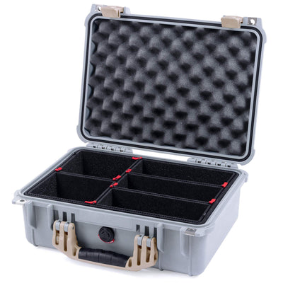 Pelican 1450 Case, Silver with Desert Tan Handle & Latches TrekPak Divider System with Convolute Lid Foam ColorCase 014500-0020-180-310