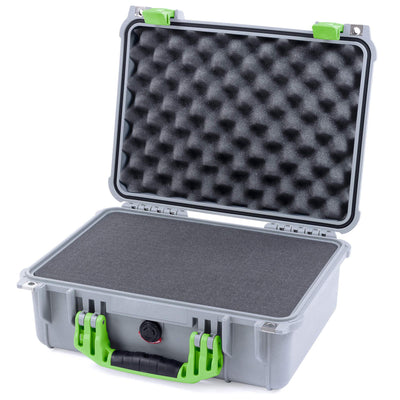 Pelican 1450 Case, Silver with Lime Green Handle & Latches Pick & Pluck Foam with Convolute Lid Foam ColorCase 014500-0001-180-300