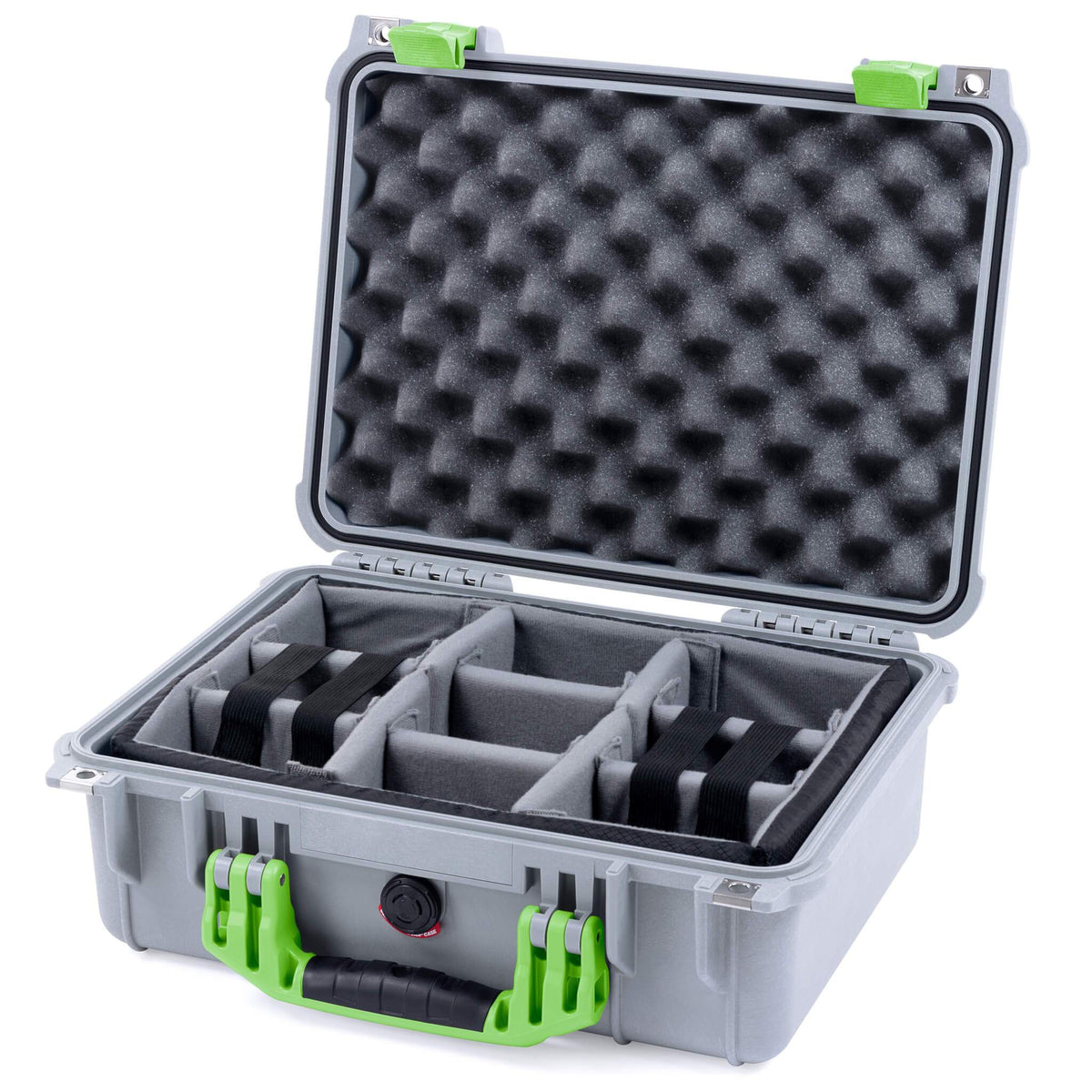 Pelican 1450 Case, Silver with Lime Green Handle &amp; Latches Gray Padded Microfiber Dividers with Convolute Lid Foam ColorCase 014500-0070-180-300