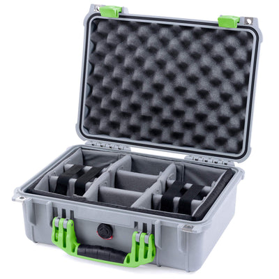 Pelican 1450 Case, Silver with Lime Green Handle & Latches Gray Padded Microfiber Dividers with Convolute Lid Foam ColorCase 014500-0070-180-300