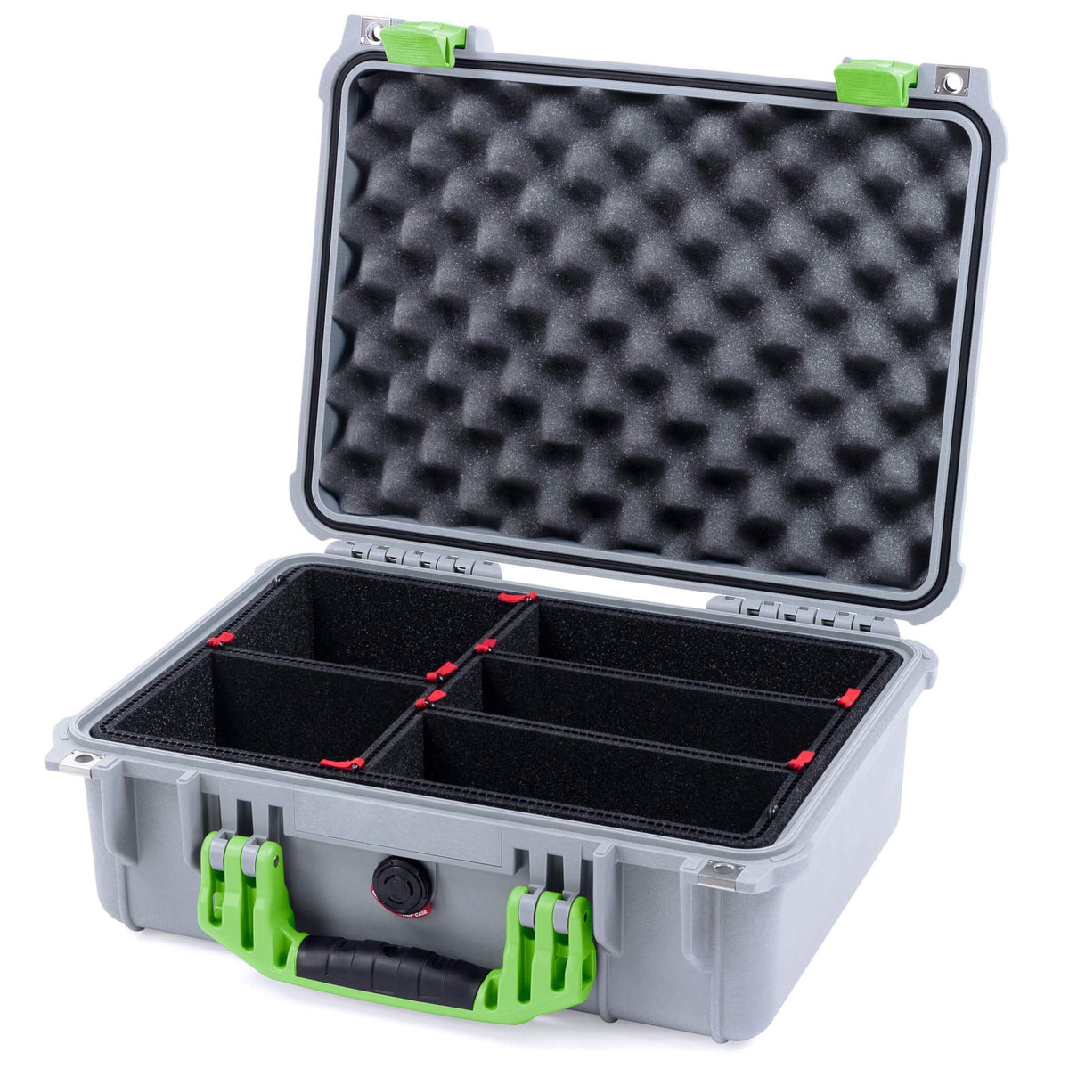 Pelican 1450 Case, Silver with Lime Green Handle &amp; Latches TrekPak Divider System with Convolute Lid Foam ColorCase 014500-0020-180-300