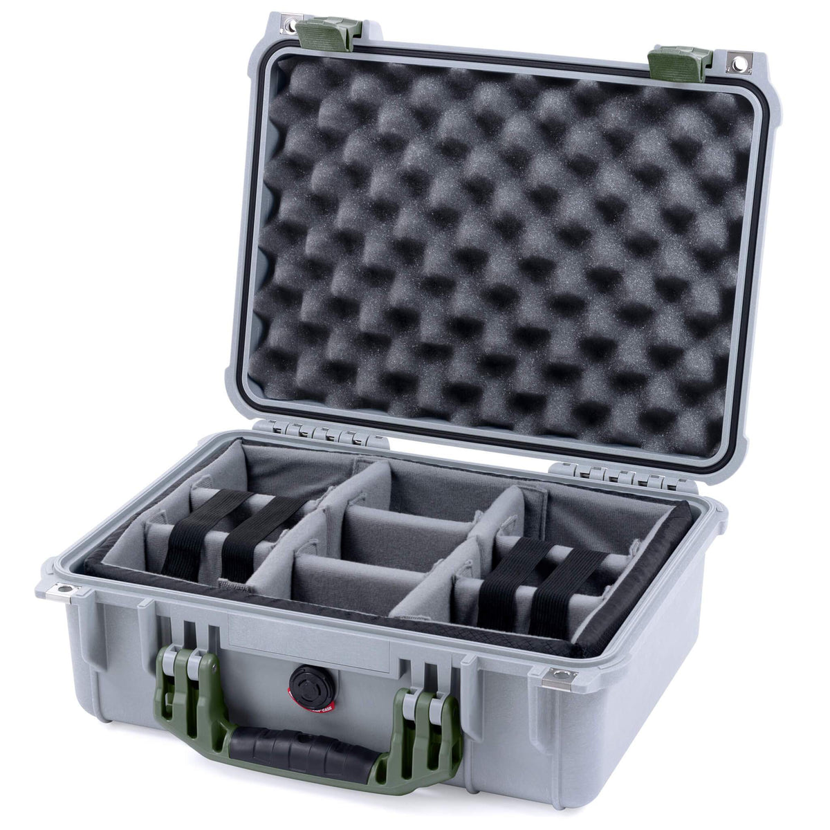 Pelican 1450 Case, Silver with OD Green Handle &amp; Latches Gray Padded Microfiber Dividers with Convolute Lid Foam ColorCase 014500-0070-180-130