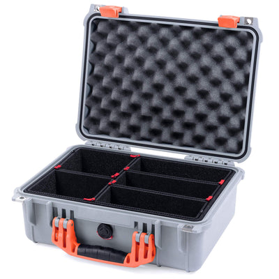 Pelican 1450 Case, Silver with Orange Handle & Latches TrekPak Divider System with Convolute Lid Foam ColorCase 014500-0020-180-150