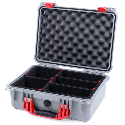 Pelican 1450 Case, Silver with Red Handle & Latches TrekPak Divider System with Convolute Lid Foam ColorCase 014500-0020-180-320