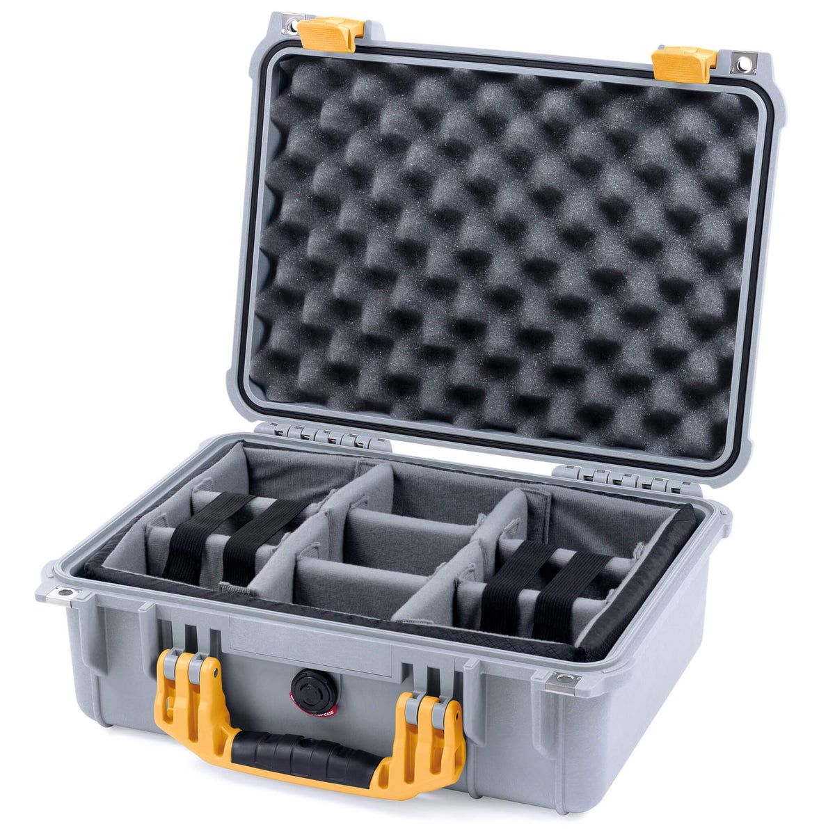 Pelican 1450 Case, Silver with Yellow Handle &amp; Latches Gray Padded Microfiber Dividers with Convolute Lid Foam ColorCase 014500-0070-180-240