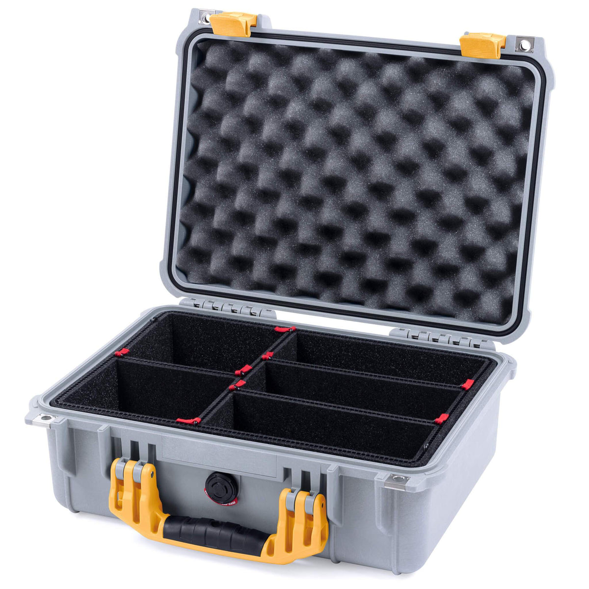 Pelican 1450 Case, Silver with Yellow Handle &amp; Latches TrekPak Divider System with Convolute Lid Foam ColorCase 014500-0020-180-240