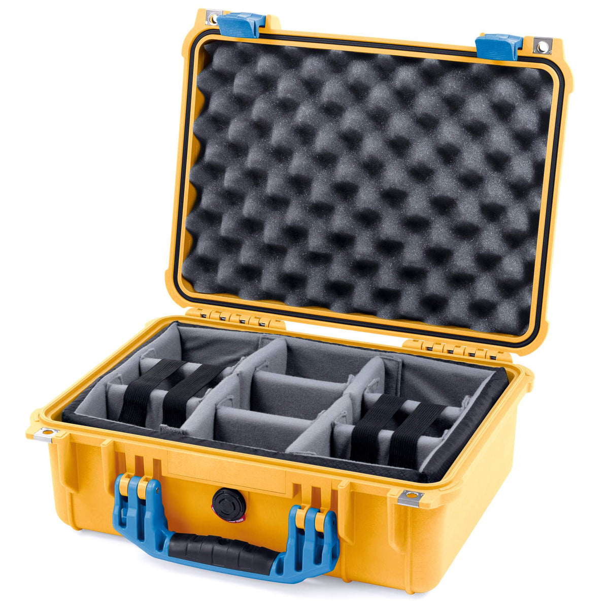 Pelican 1450 Case, Yellow with Blue Handle &amp; Latches Gray Padded Microfiber Dividers with Convolute Lid Foam ColorCase 014500-0070-240-120