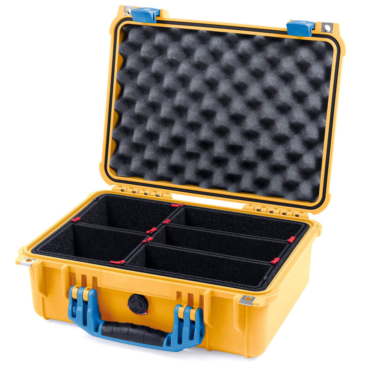 Pelican 1450 Case, Yellow with Blue Handle &amp; Latches TrekPak Divider System with Convolute Lid Foam ColorCase 014500-0020-240-120