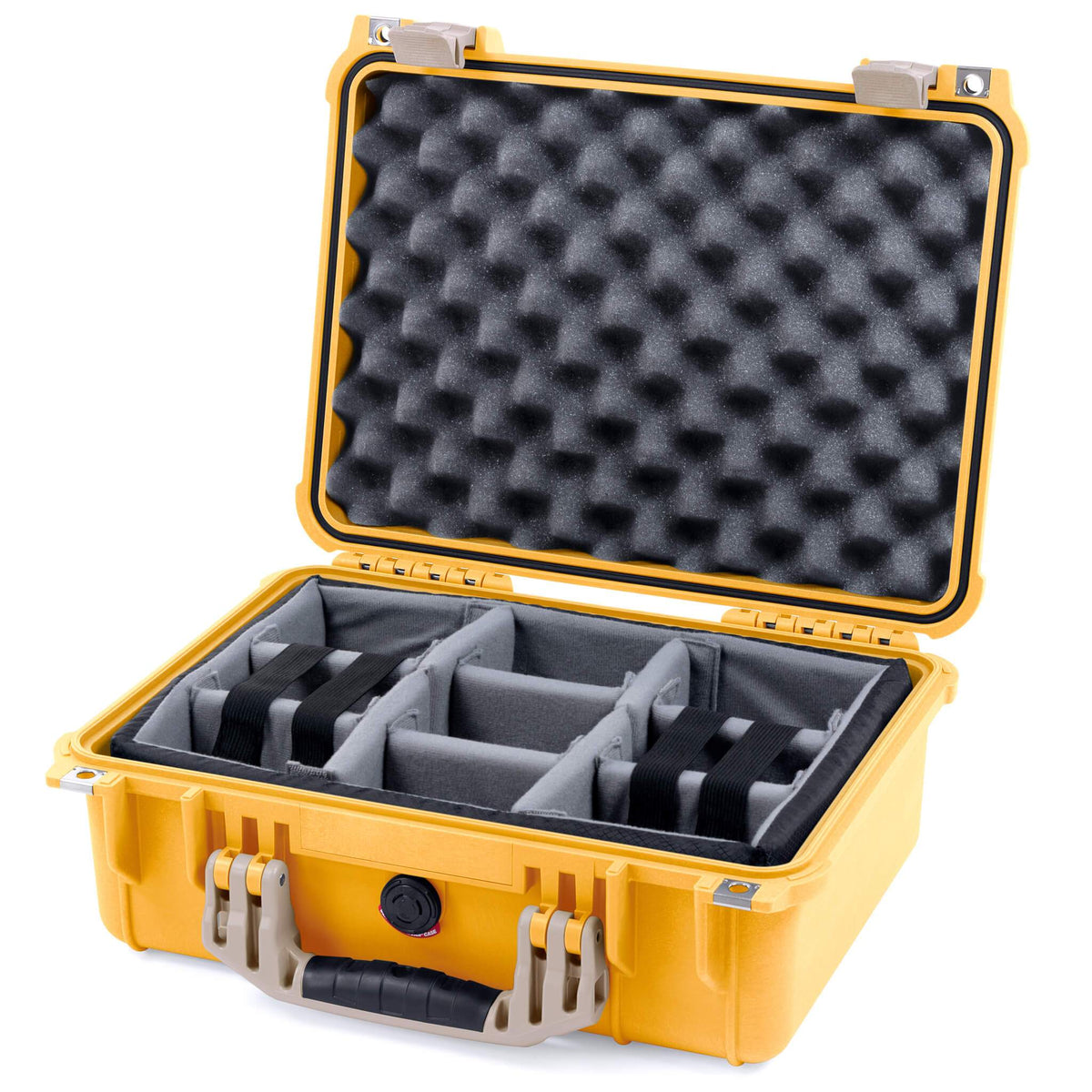 Pelican 1450 Case, Yellow with Desert Tan Handle &amp; Latches Gray Padded Microfiber Dividers with Convolute Lid Foam ColorCase 014500-0070-240-310