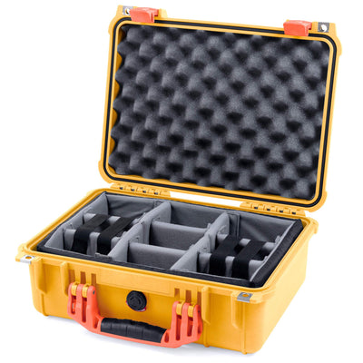 Pelican 1450 Case, Yellow with Orange Handle & Latches Gray Padded Microfiber Dividers with Convolute Lid Foam ColorCase 014500-0070-240-150