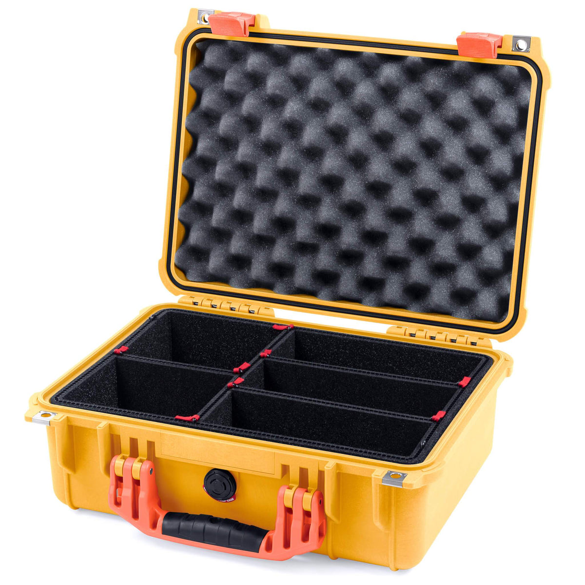 Pelican 1450 Case, Yellow with Orange Handle &amp; Latches TrekPak Divider System with Convolute Lid Foam ColorCase 014500-0020-240-150
