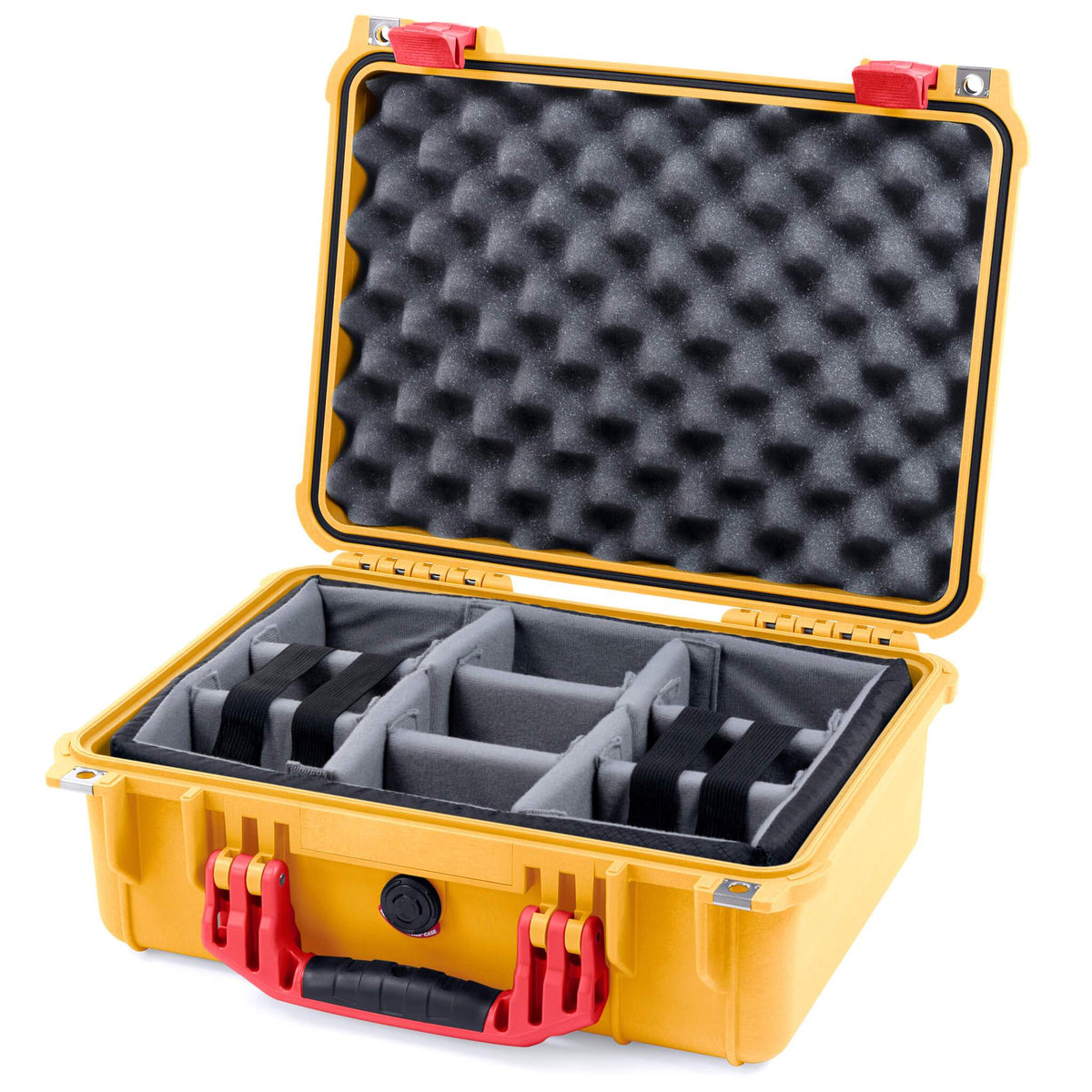 Pelican 1450 Case, Yellow with Red Handle &amp; Latches Gray Padded Microfiber Dividers with Convolute Lid Foam ColorCase 014500-0070-240-320
