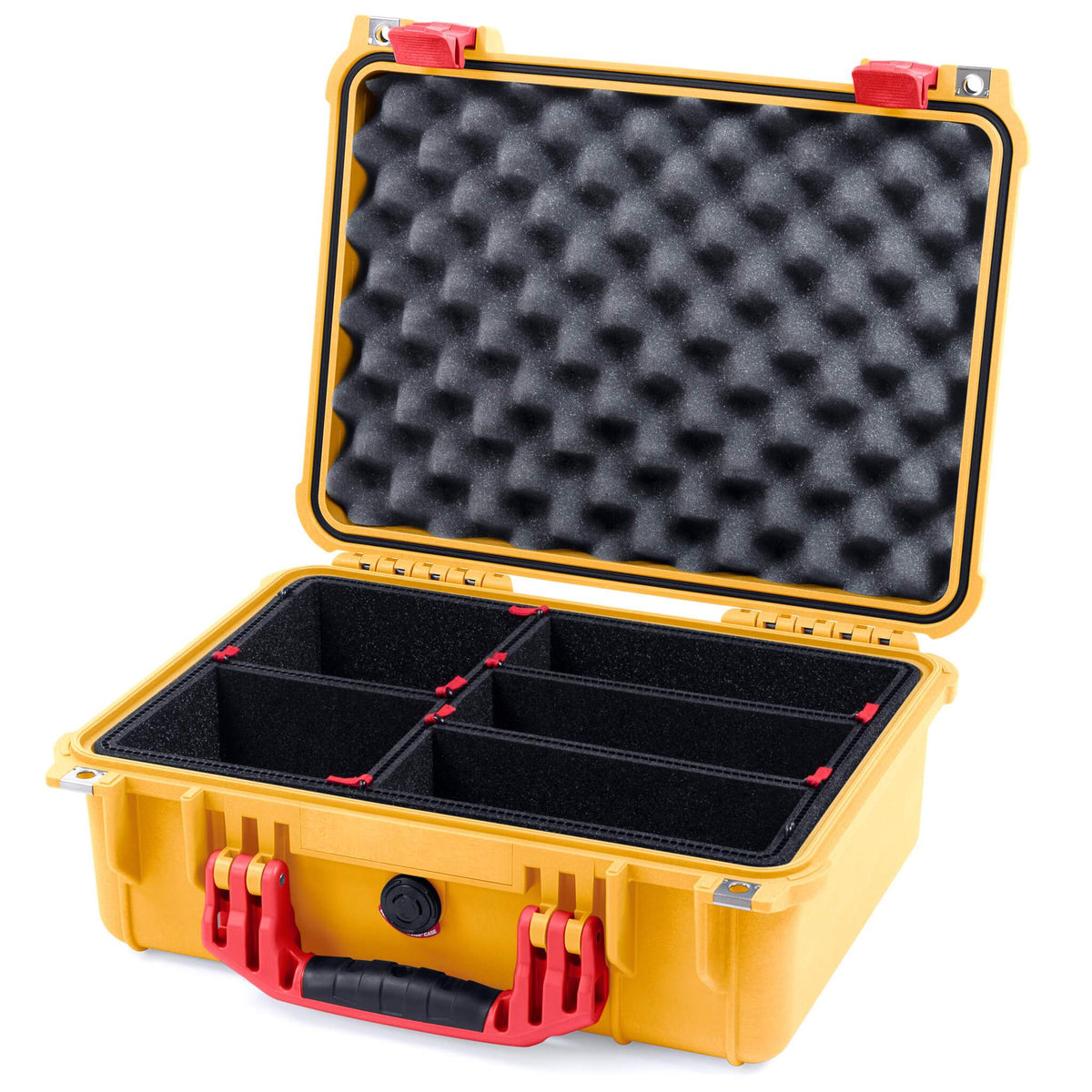 Pelican 1450 Case, Yellow with Red Handle &amp; Latches TrekPak Divider System with Convolute Lid Foam ColorCase 014500-0020-240-320