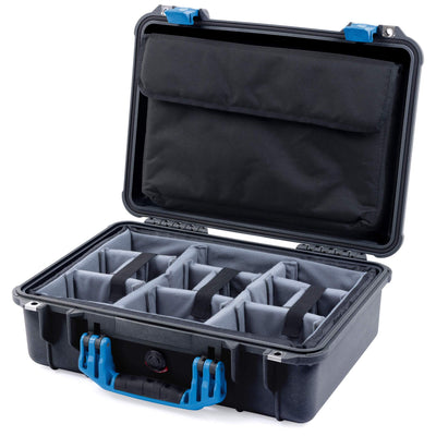 Pelican 1500 Case, Black with Blue Handle & Latches Gray Padded Microfiber Dividers with Computer Pouch ColorCase 015000-0270-110-120