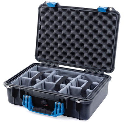 Pelican 1500 Case, Black with Blue Handle & Latches Gray Padded Microfiber Dividers with Convolute Lid Foam ColorCase 015000-0070-110-120