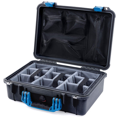 Pelican 1500 Case, Black with Blue Handle & Latches Gray Padded Microfiber Dividers with Mesh Lid Organizer ColorCase 015000-0170-110-120