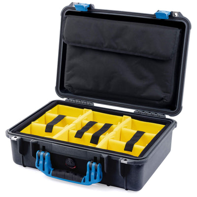 Pelican 1500 Case, Black with Blue Handle & Latches Yellow Padded Microfiber Dividers with Computer Pouch ColorCase 015000-0210-110-120