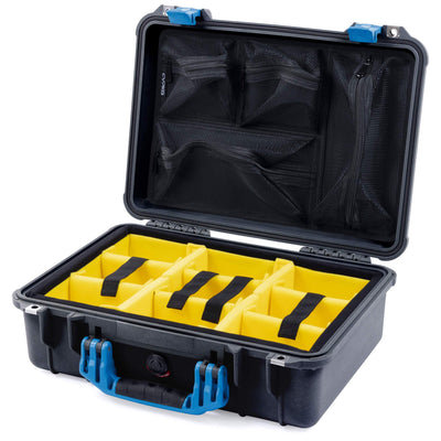 Pelican 1500 Case, Black with Blue Handle & Latches Yellow Padded Microfiber Dividers with Mesh Lid Organizer ColorCase 015000-0110-110-120