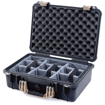 Pelican 1500 Case, Black with Desert Tan Handle & Latches Gray Padded Microfiber Dividers with Convolute Lid Foam ColorCase 015000-0070-110-310