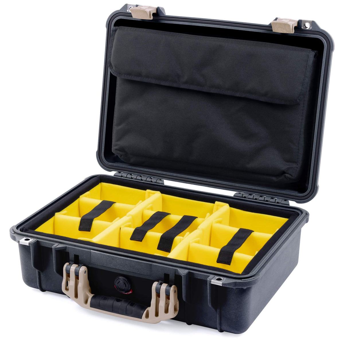 Pelican 1500 Case, Black with Desert Tan Handle &amp; Latches Yellow Padded Microfiber Dividers with Computer Pouch ColorCase 015000-0210-110-310
