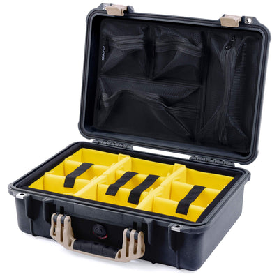 Pelican 1500 Case, Black with Desert Tan Handle & Latches Yellow Padded Microfiber Dividers with Mesh Lid Organizer ColorCase 015000-0110-110-310