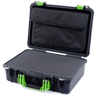 Pelican 1500 Case, Black with Lime Green Handle & Latches Pick & Pluck Foam with Computer Pouch ColorCase 015000-0201-110-300