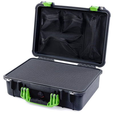 Pelican 1500 Case, Black with Lime Green Handle & Latches Pick & Pluck Foam with Mesh Lid Organizer ColorCase 015000-0101-110-300