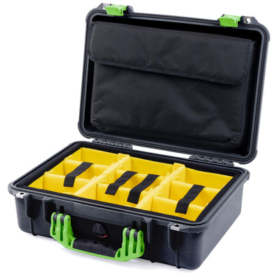 Pelican 1500 Case, Black with Lime Green Handle & Latches Yellow Padded Microfiber Dividers with Computer Pouch ColorCase 015000-0210-110-300