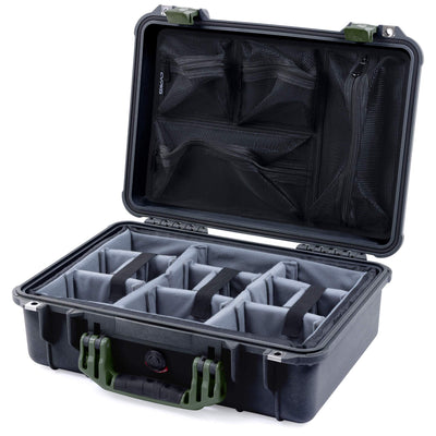 Pelican 1500 Case, Black with OD Green Handle & Latches Gray Padded Microfiber Dividers with Mesh Lid Organizer ColorCase 015000-0170-110-130