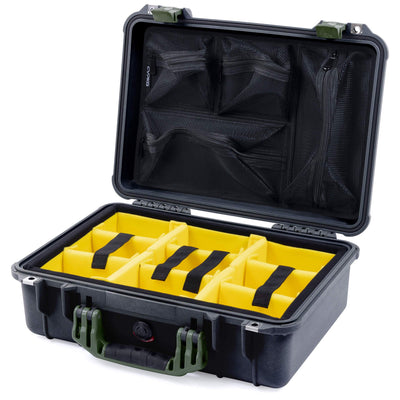 Pelican 1500 Case, Black with OD Green Handle & Latches Yellow Padded Microfiber Dividers with Mesh Lid Organizer ColorCase 015000-0110-110-130