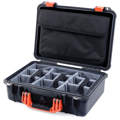 Pelican 1500 Case, Black with Orange Handle & Latches Gray Padded Microfiber Dividers with Computer Pouch ColorCase 015000-0270-110-150