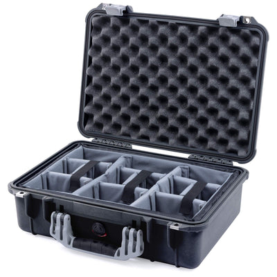 Pelican 1500 Case, Black with Silver Handle & Latches Gray Padded Microfiber Dividers with Convolute Lid Foam ColorCase 015000-0070-110-180