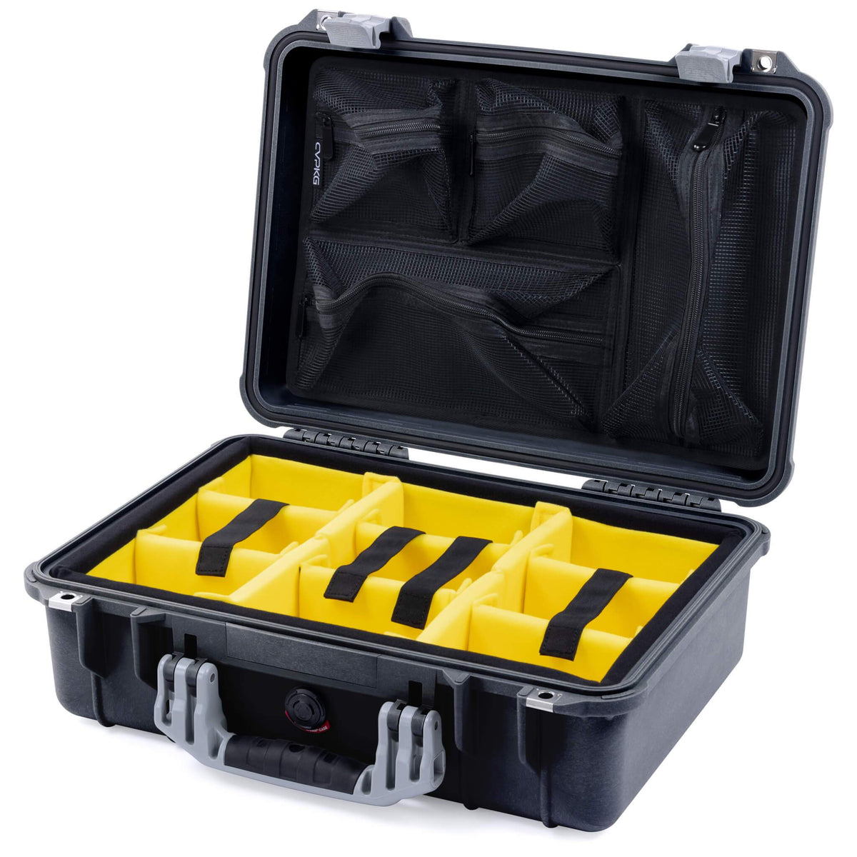 Pelican 1500 Case, Black with Silver Handle &amp; Latches Yellow Padded Microfiber Dividers with Mesh Lid Organizer ColorCase 015000-0110-110-180