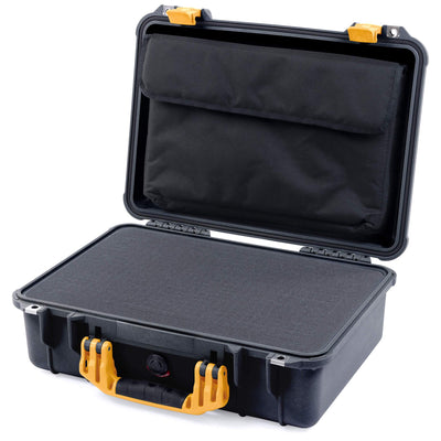 Pelican 1500 Case, Black with Yellow Handle & Latches Pick & Pluck Foam with Computer Pouch ColorCase 015000-0201-110-240
