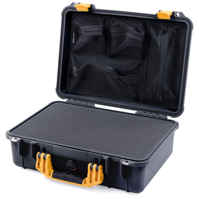 Pelican 1500 Case, Black with Yellow Handle & Latches Pick & Pluck Foam with Mesh Lid Organizer ColorCase 015000-0101-110-240