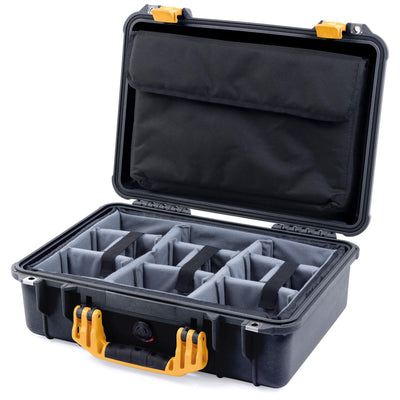 Pelican 1500 Case, Black with Yellow Handle & Latches Gray Padded Microfiber Dividers with Computer Pouch ColorCase 015000-0270-110-240