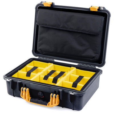 Pelican 1500 Case, Black with Yellow Handle & Latches Yellow Padded Microfiber Dividers with Computer Pouch ColorCase 015000-0210-110-240