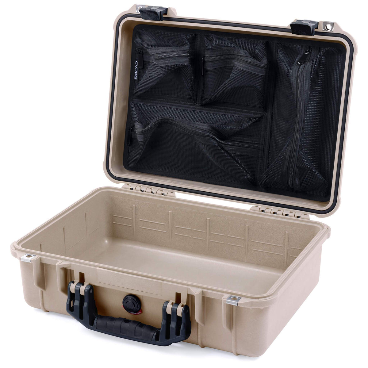 Pelican 1500 Case, Desert Tan with Black Handle &amp; Latches Mesh Lid Organizer Only ColorCase 015000-0100-310-110