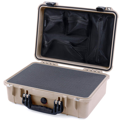 Pelican 1500 Case, Desert Tan with Black Handle & Latches Pick & Pluck Foam with Mesh Lid Organizer ColorCase 015000-0101-310-110