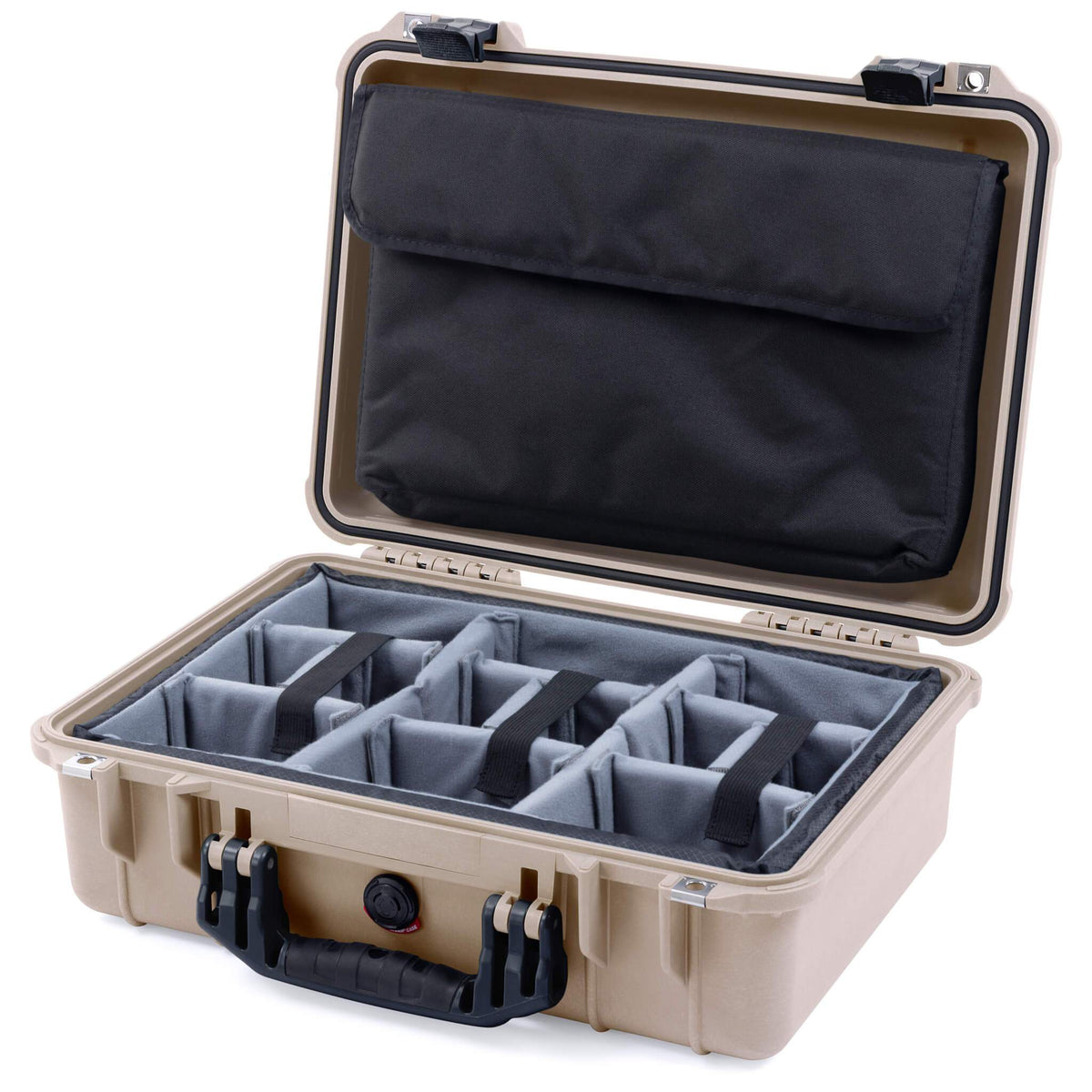 Pelican 1500 Case, Desert Tan with Black Handle &amp; Latches Gray Padded Microfiber Dividers with Computer Pouch ColorCase 015000-0270-310-110