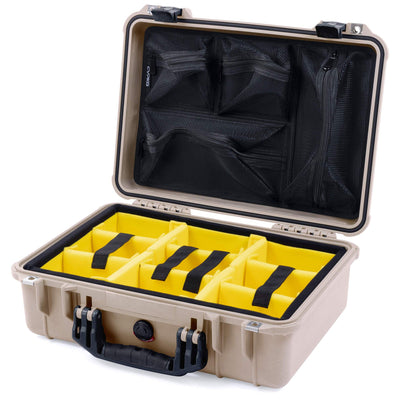 Pelican 1500 Case, Desert Tan with Black Handle & Latches Yellow Padded Microfiber Dividers with Mesh Lid Organizer ColorCase 015000-0110-310-110