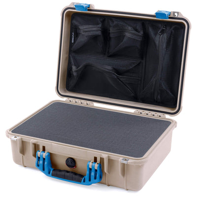 Pelican 1500 Case, Desert Tan with Blue Handle & Latches Pick & Pluck Foam with Mesh Lid Organizer ColorCase 015000-0101-310-120