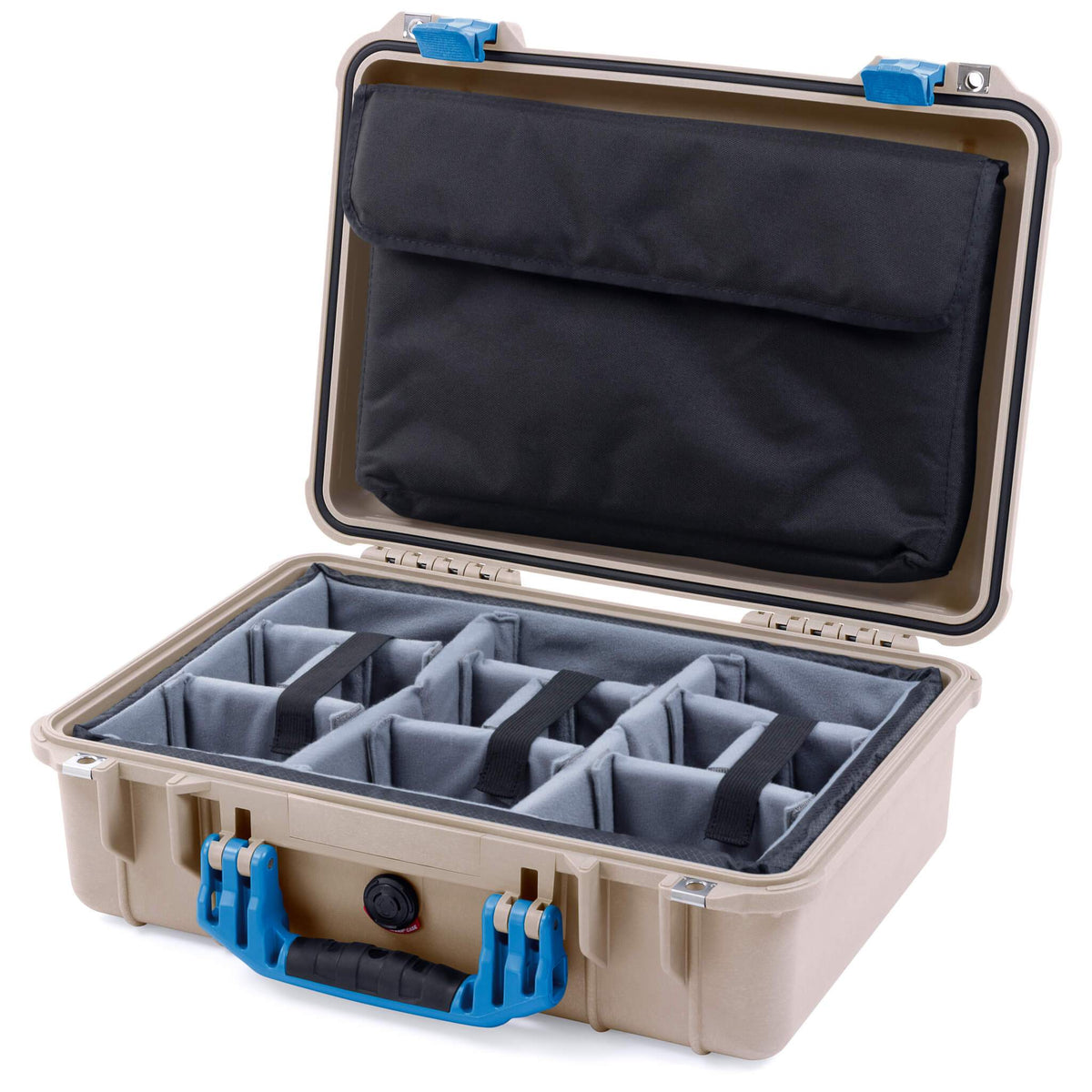 Pelican 1500 Case, Desert Tan with Blue Handle &amp; Latches Gray Padded Microfiber Dividers with Computer Pouch ColorCase 015000-0270-310-120