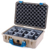 Pelican 1500 Case, Desert Tan with Blue Handle & Latches Gray Padded Microfiber Dividers with Convolute Lid Foam ColorCase 015000-0070-310-120