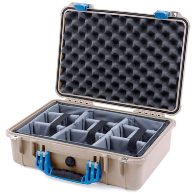 Pelican 1500 Case, Desert Tan with Blue Handle & Latches Gray Padded Microfiber Dividers with Convolute Lid Foam ColorCase 015000-0070-310-120