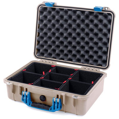 Pelican 1500 Case, Desert Tan with Blue Handle & Latches TrekPak Divider System with Convolute Lid Foam ColorCase 015000-0020-310-120
