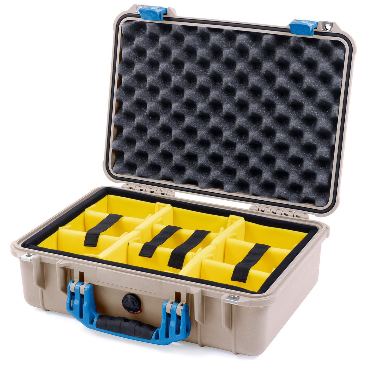 Pelican 1500 Case, Desert Tan with Blue Handle &amp; Latches Yellow Padded Microfiber Dividers with Convolute Lid Foam ColorCase 015000-0010-310-120